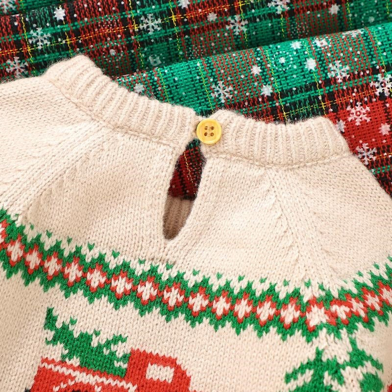 Baby Boy Christmas Sweater – Khaki Reindeer and Christmas Tree Knit Pullover