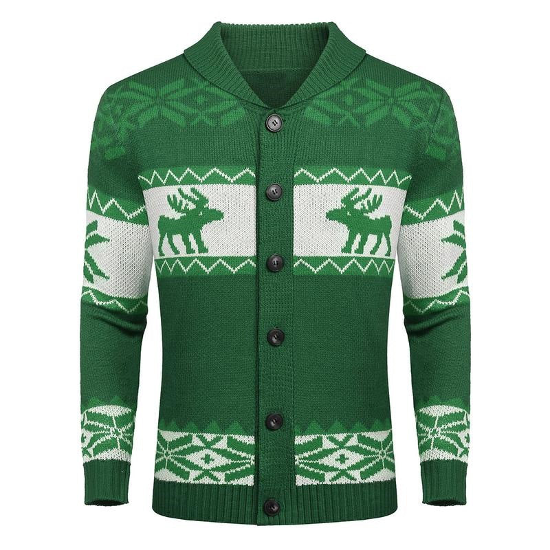 Men's Christmas Cardigan – Green Reindeer Knit Sweater with Button Front