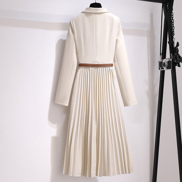 Women's Pleated Blazer Dress – Belted Long Sleeve Formal Midi