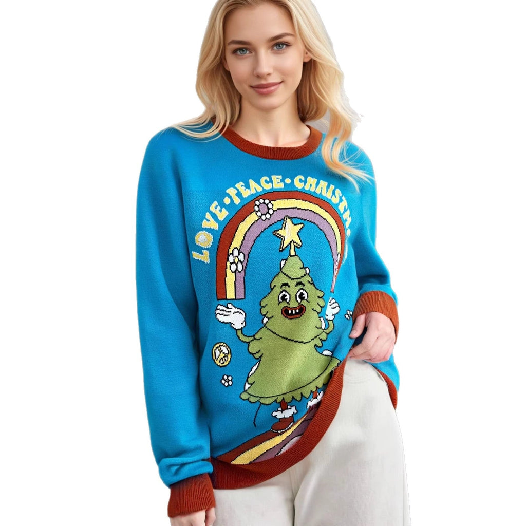 Funny Christmas Tree Sweater – Peacock Blue Cartoon Tree Graphic Pullover