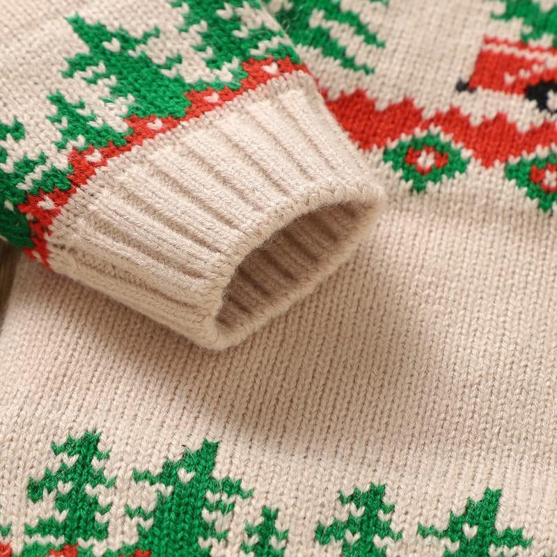 Baby Boy Christmas Sweater – Khaki Reindeer and Christmas Tree Knit Pullover