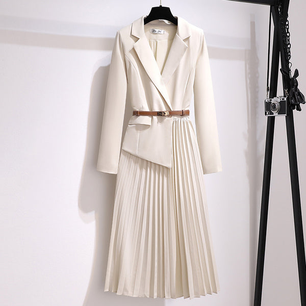 Women's Pleated Blazer Dress – Belted Long Sleeve Formal Midi