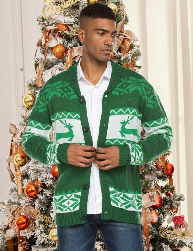 Men's Christmas Cardigan – Green Reindeer Knit Sweater with Button Front
