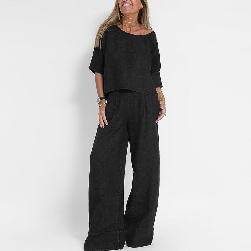 Stylish Short-Sleeved Blouse and Loose Pants Set – Your New Go-To Outfit
