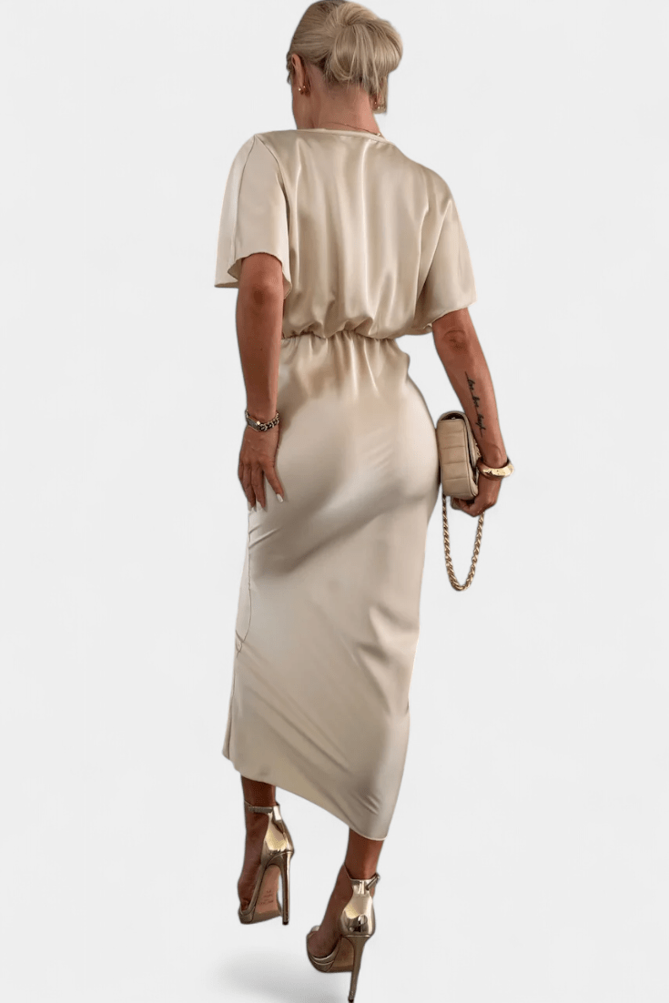 Women's Midi Dress – Elegant V-Neck Dress with Draped Detail | Flattering Tailored Fit