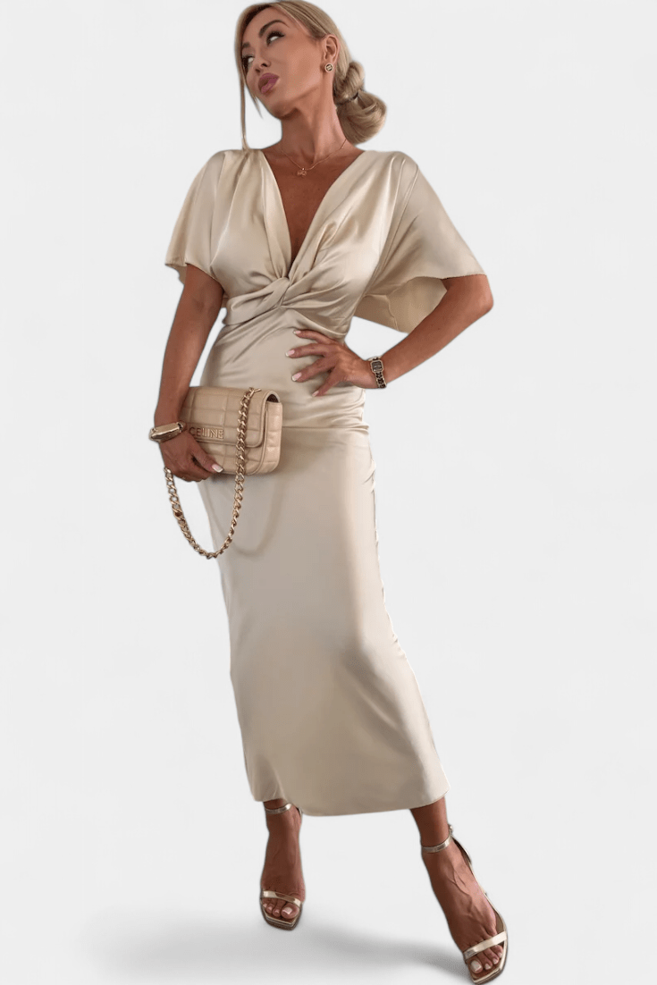 Women's Midi Dress – Elegant V-Neck Dress with Draped Detail | Flattering Tailored Fit