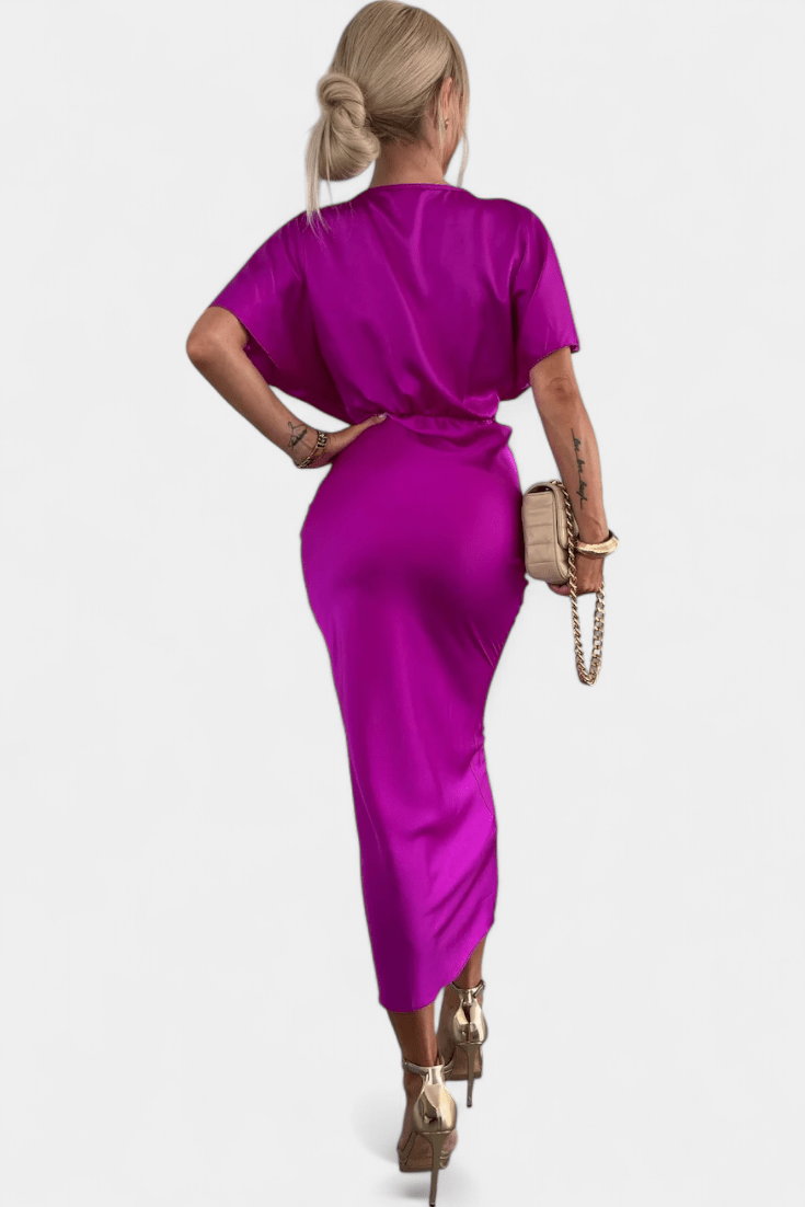 Women's Midi Dress – Elegant V-Neck Dress with Draped Detail | Flattering Tailored Fit