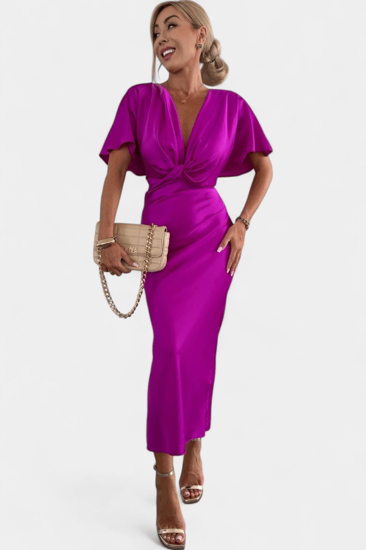 Women's Midi Dress – Elegant V-Neck Dress with Draped Detail | Flattering Tailored Fit