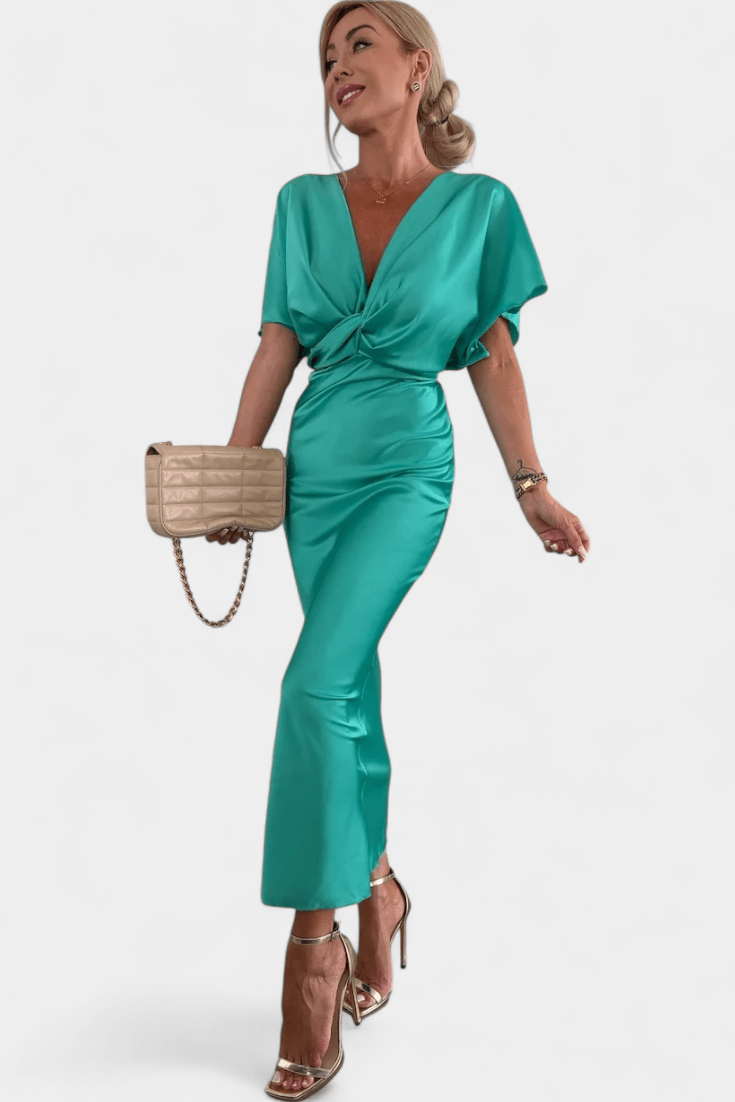 Women's Midi Dress – Elegant V-Neck Dress with Draped Detail | Flattering Tailored Fit