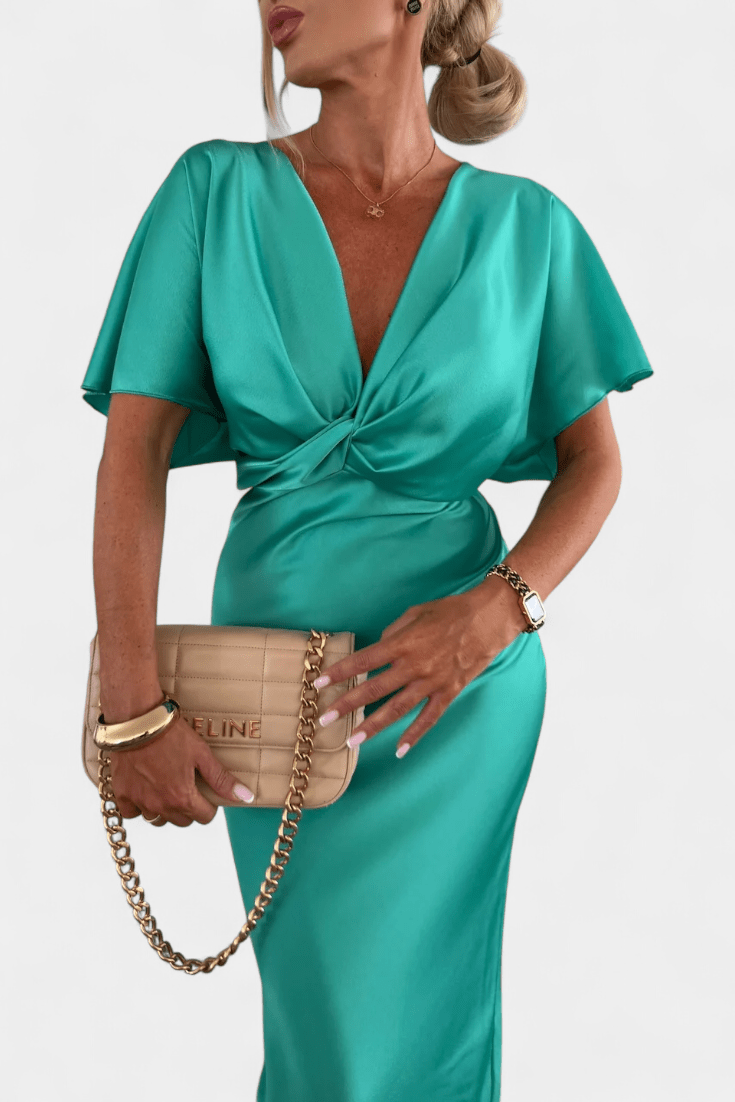 Women's Midi Dress – Elegant V-Neck Dress with Draped Detail | Flattering Tailored Fit