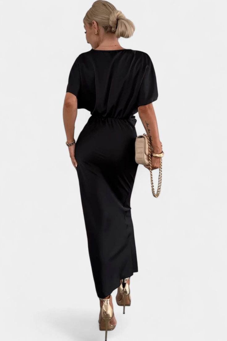 Women's Midi Dress – Elegant V-Neck Dress with Draped Detail | Flattering Tailored Fit
