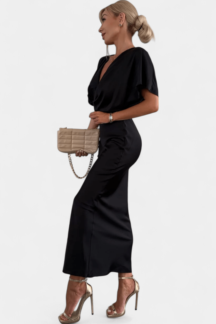 Women's Midi Dress – Elegant V-Neck Dress with Draped Detail | Flattering Tailored Fit