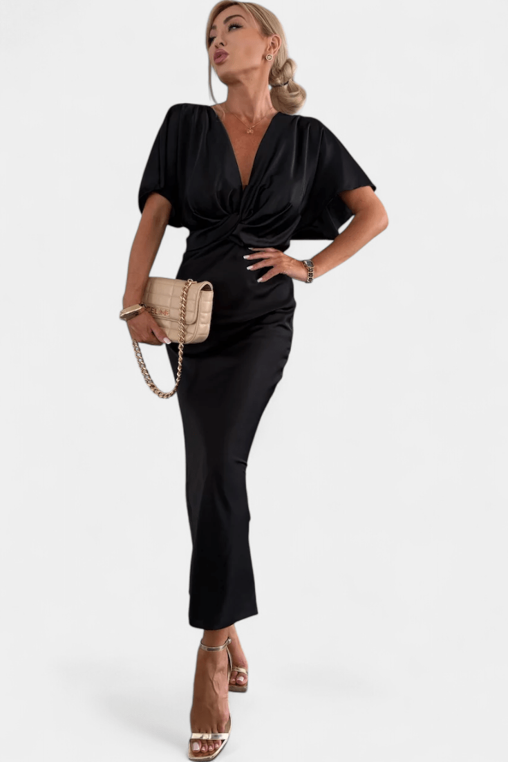 Women's Midi Dress – Elegant V-Neck Dress with Draped Detail | Flattering Tailored Fit