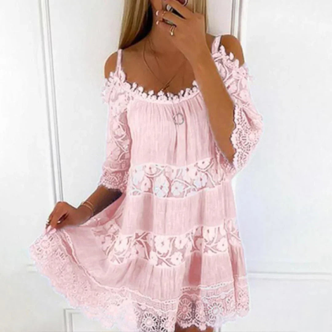Summer Mini Dress with Crochet Lace and Embroidery