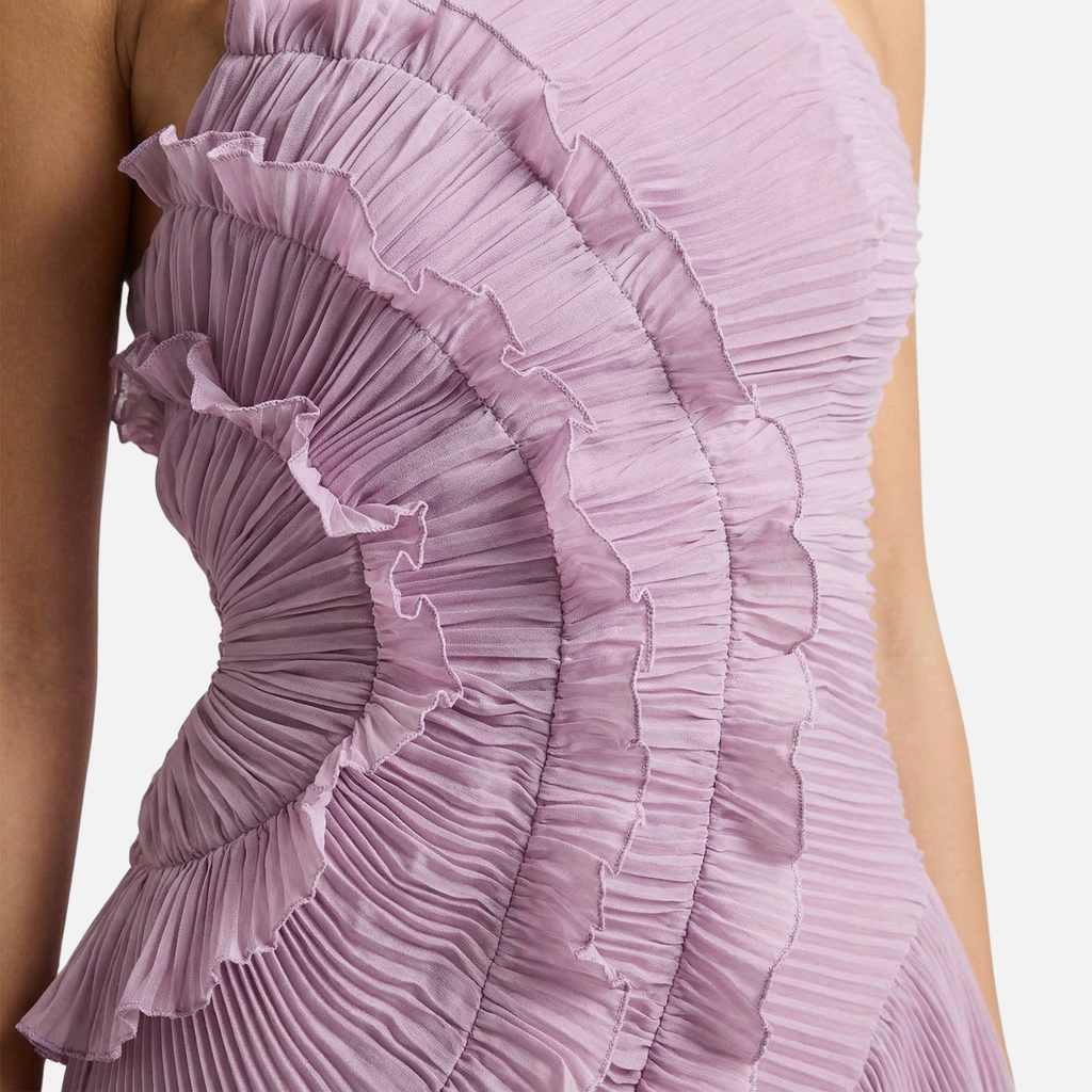Pleated Chiffon Maxi Dress with Ruffle Overlay