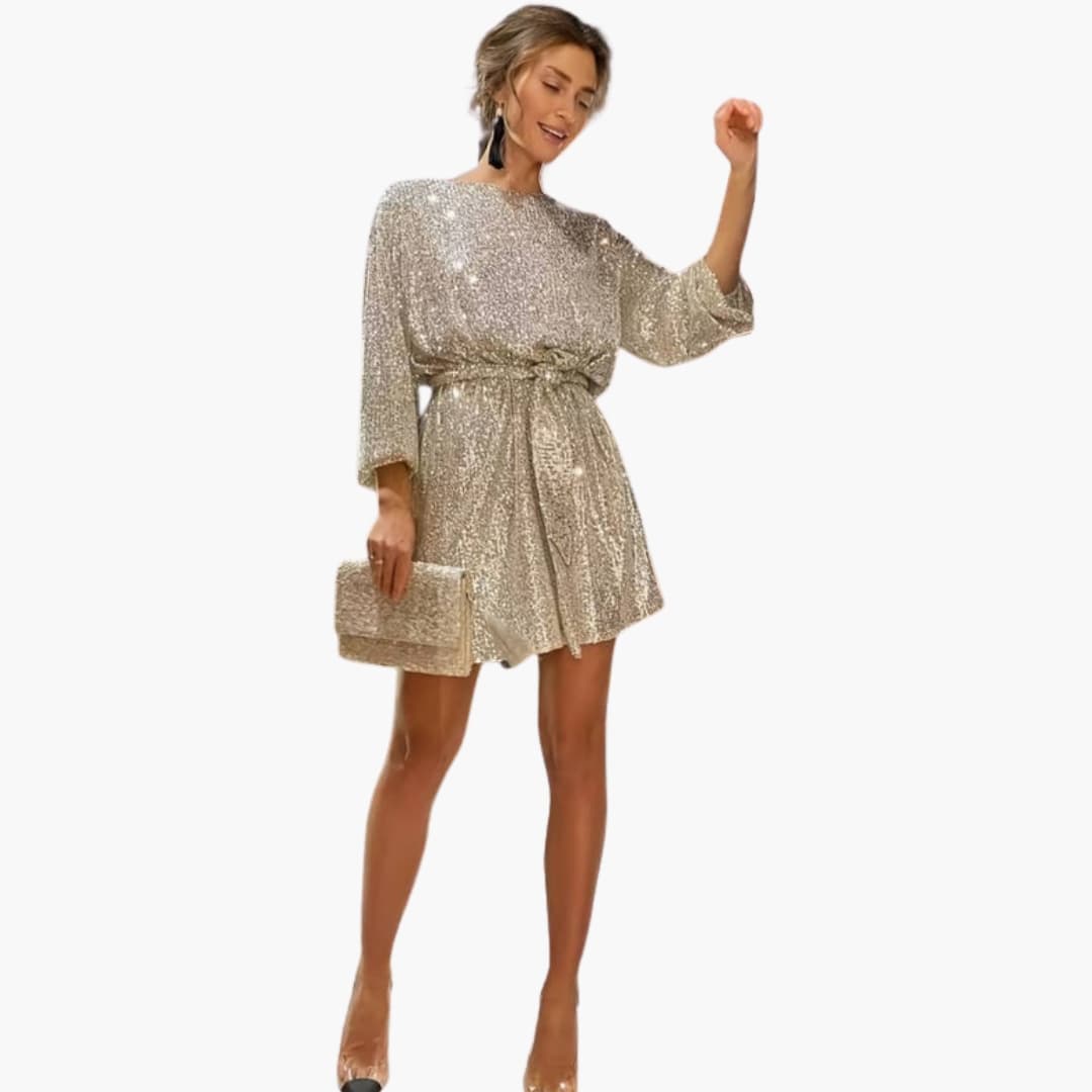 Women's Rhinestone Cocktail Dress | Belted Christmas Party Dress for Formal Evening Events and Festive Holiday Occasions