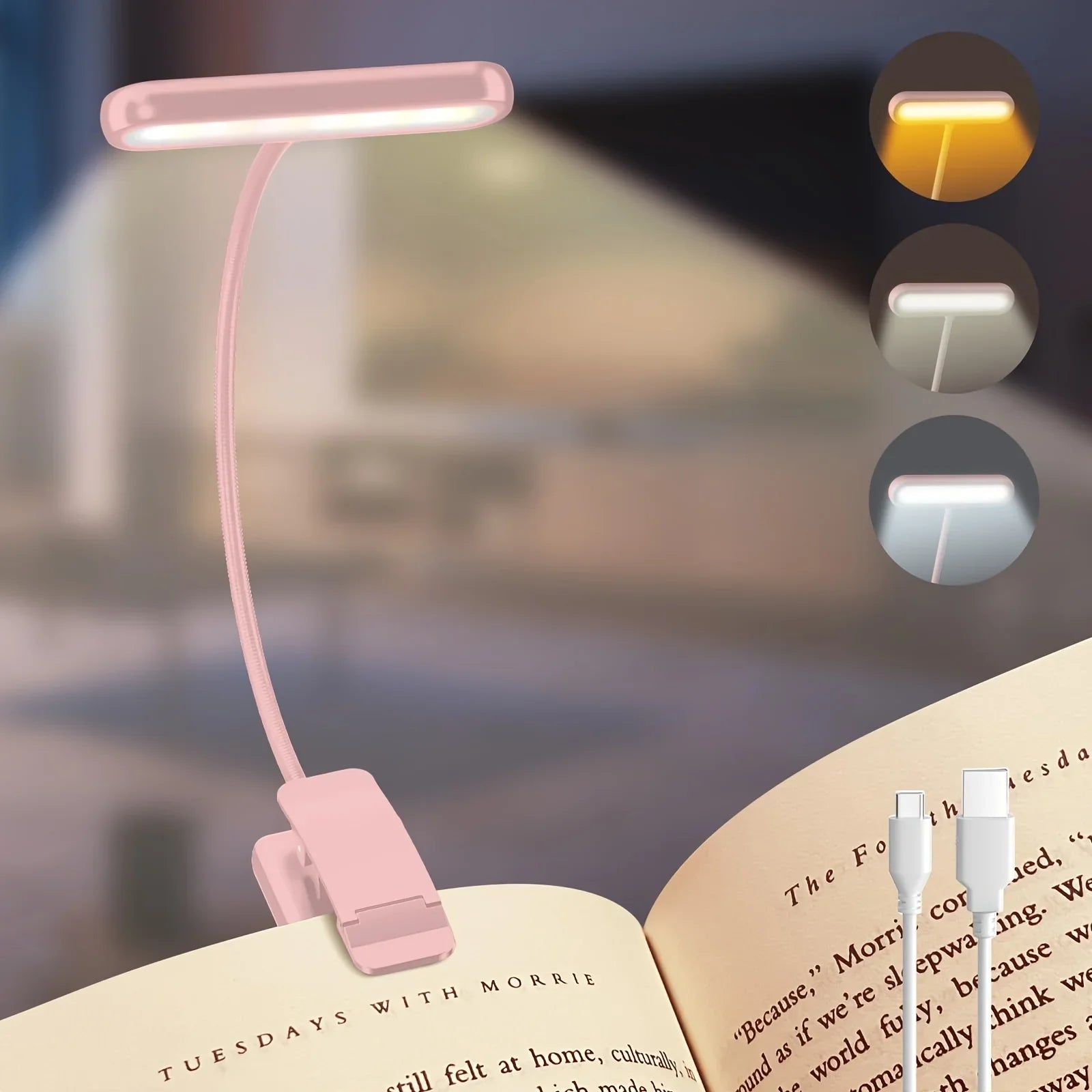 Lampada da lettura FlexiRead | Ricaricabile via USB | 3 colori di luce e dimmerabile | Clip e braccio flessibile