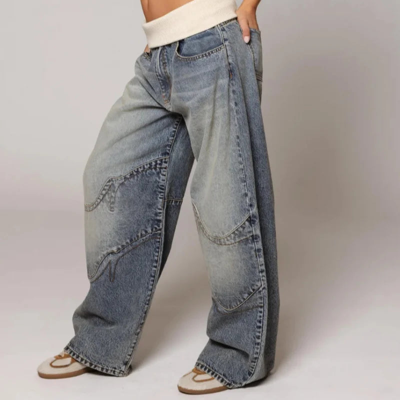 Baggy Low Rise Panelled Faded Wide Leg Jeans