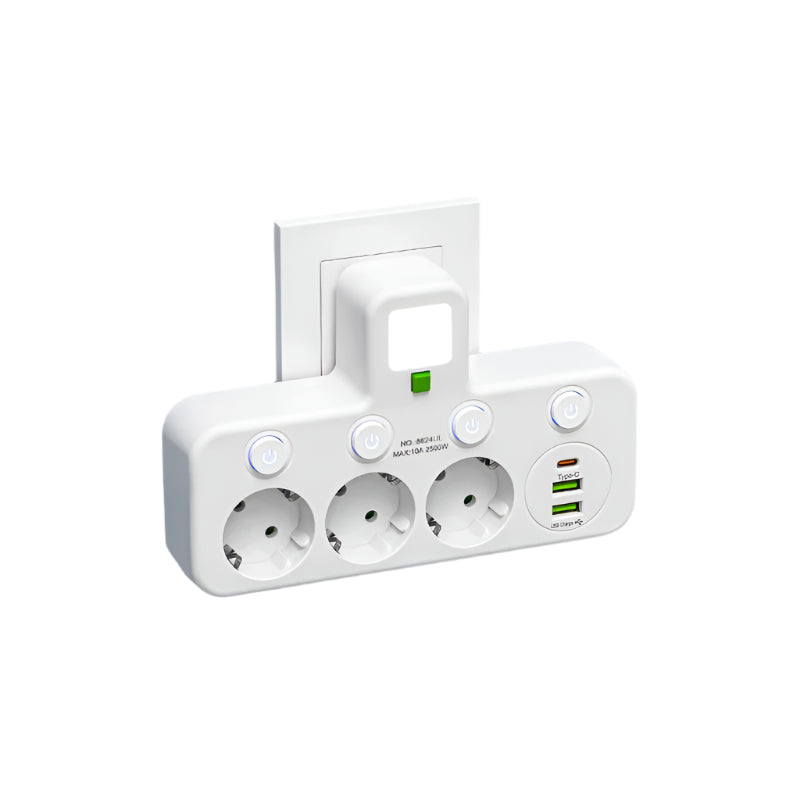 Multipresa | 3–4 Prese + 2× USB e 1× Type-C | 2500W | Protezione da sovratensioni e interruttore di controllo