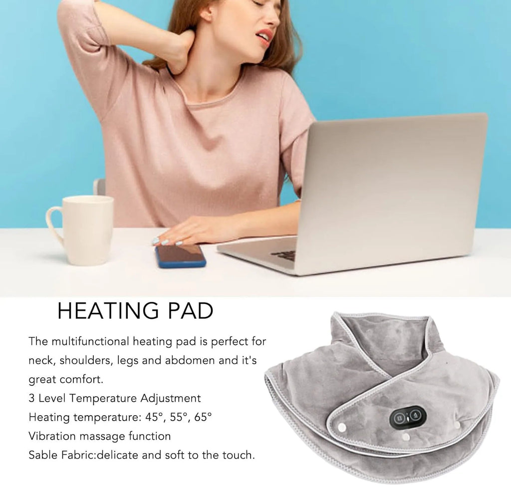 Heated Neck & Shoulder Massager | USB Heating Pad with Vibration | 3 Temperature Levels & Timer | Soft Plush