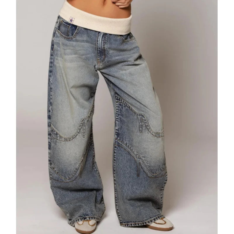 Baggy Low Rise Panelled Faded Wide Leg Jeans