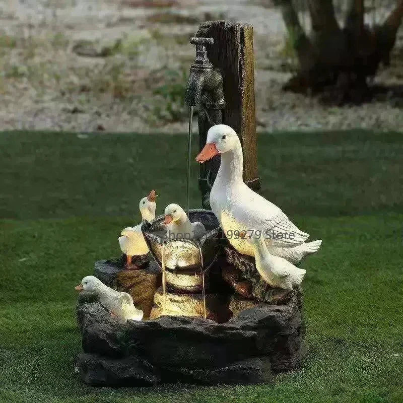 Solar Decorative Fountain Duck & Squirrel | Garden Figure with LED Light | Weatherproof Resin | For Terrace & Balcony