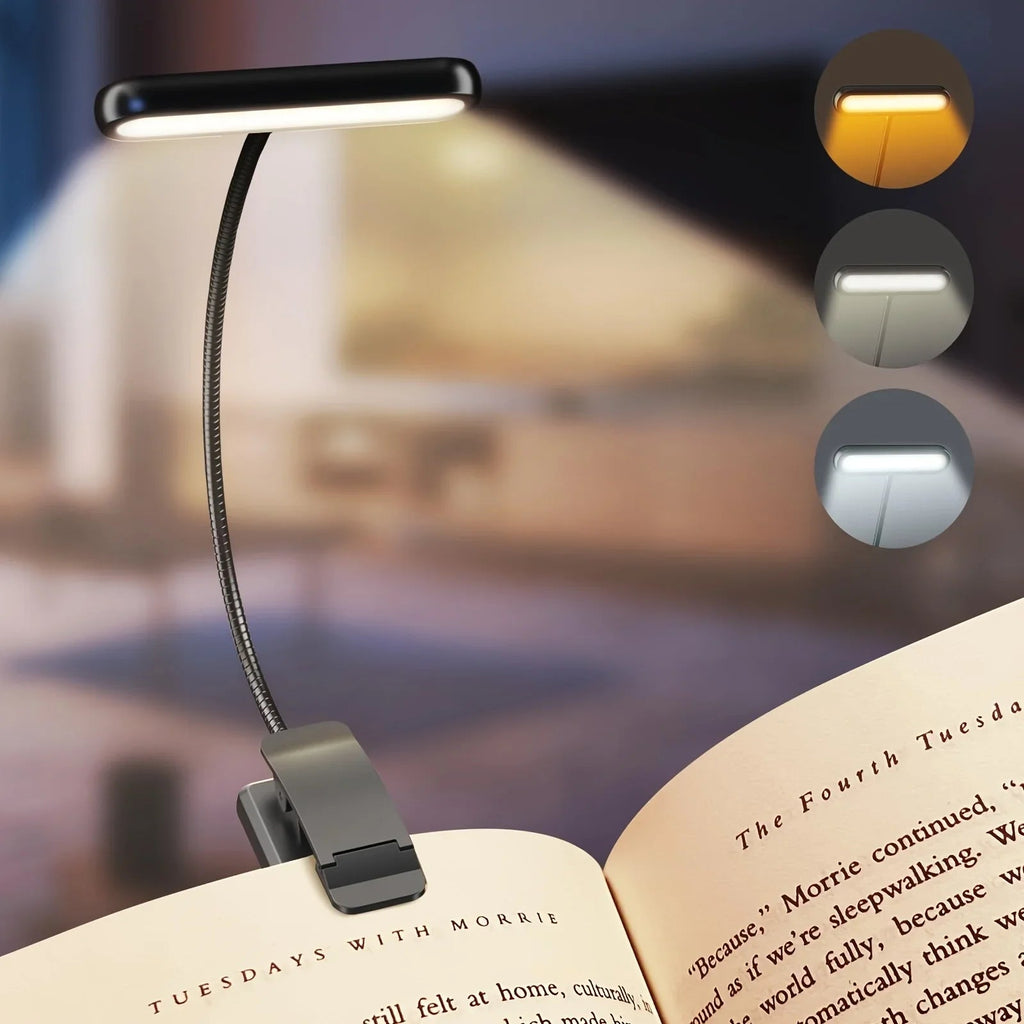 Lampada da lettura FlexiRead | Ricaricabile via USB | 3 colori di luce e dimmerabile | Clip e braccio flessibile
