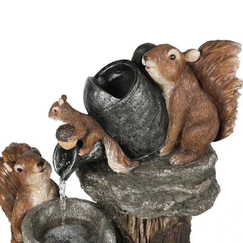 Solar Decorative Fountain Duck & Squirrel | Garden Figure with LED Light | Weatherproof Resin | For Terrace & Balcony