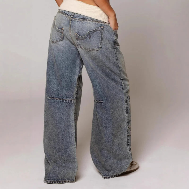Baggy Low Rise Panelled Faded Wide Leg Jeans