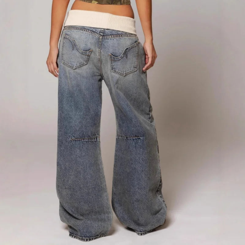 Baggy Low Rise Panelled Faded Wide Leg Jeans