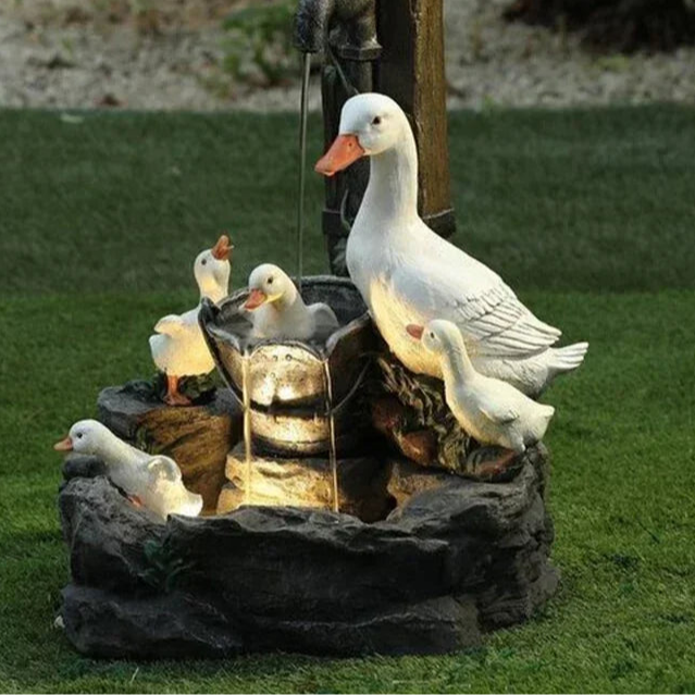 Solar Decorative Fountain Duck & Squirrel | Garden Figure with LED Light | Weatherproof Resin | For Terrace & Balcony