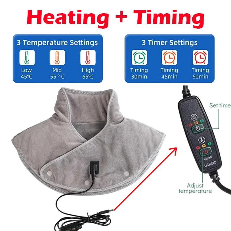 Heated Neck & Shoulder Massager | USB Heating Pad with Vibration | 3 Temperature Levels & Timer | Soft Plush
