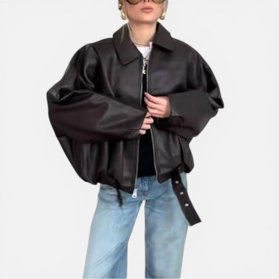 Belted Collared Oversized Cropped Zip Up Faux Leather Jacket