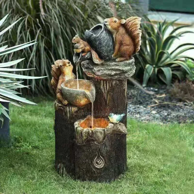 Solar Decorative Fountain Duck & Squirrel | Garden Figure with LED Light | Weatherproof Resin | For Terrace & Balcony