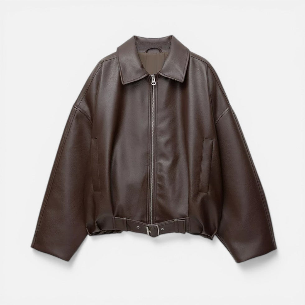 Belted Collared Oversized Cropped Zip Up Faux Leather Jacket