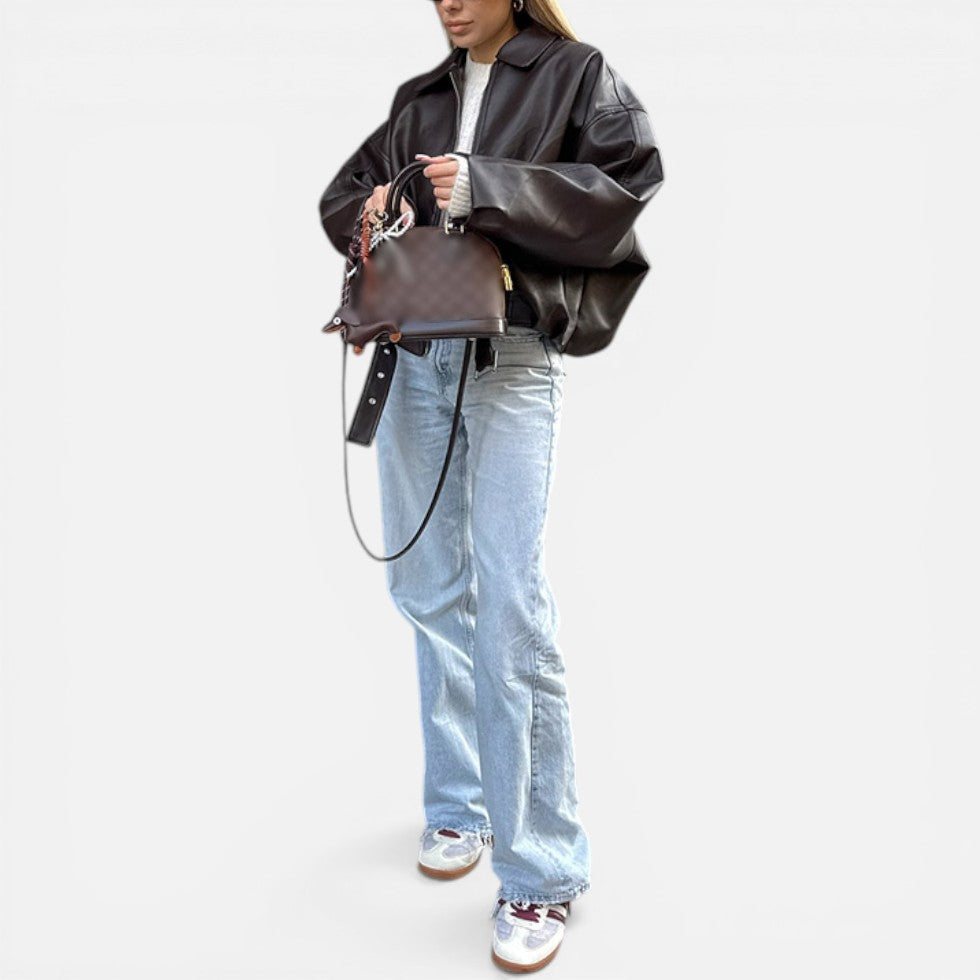 Belted Collared Oversized Cropped Zip Up Faux Leather Jacket