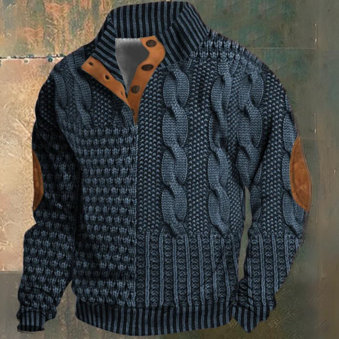 Maglione da uomo a mezza abbottonatura con lavorazione a trecce | Toppe sui gomiti