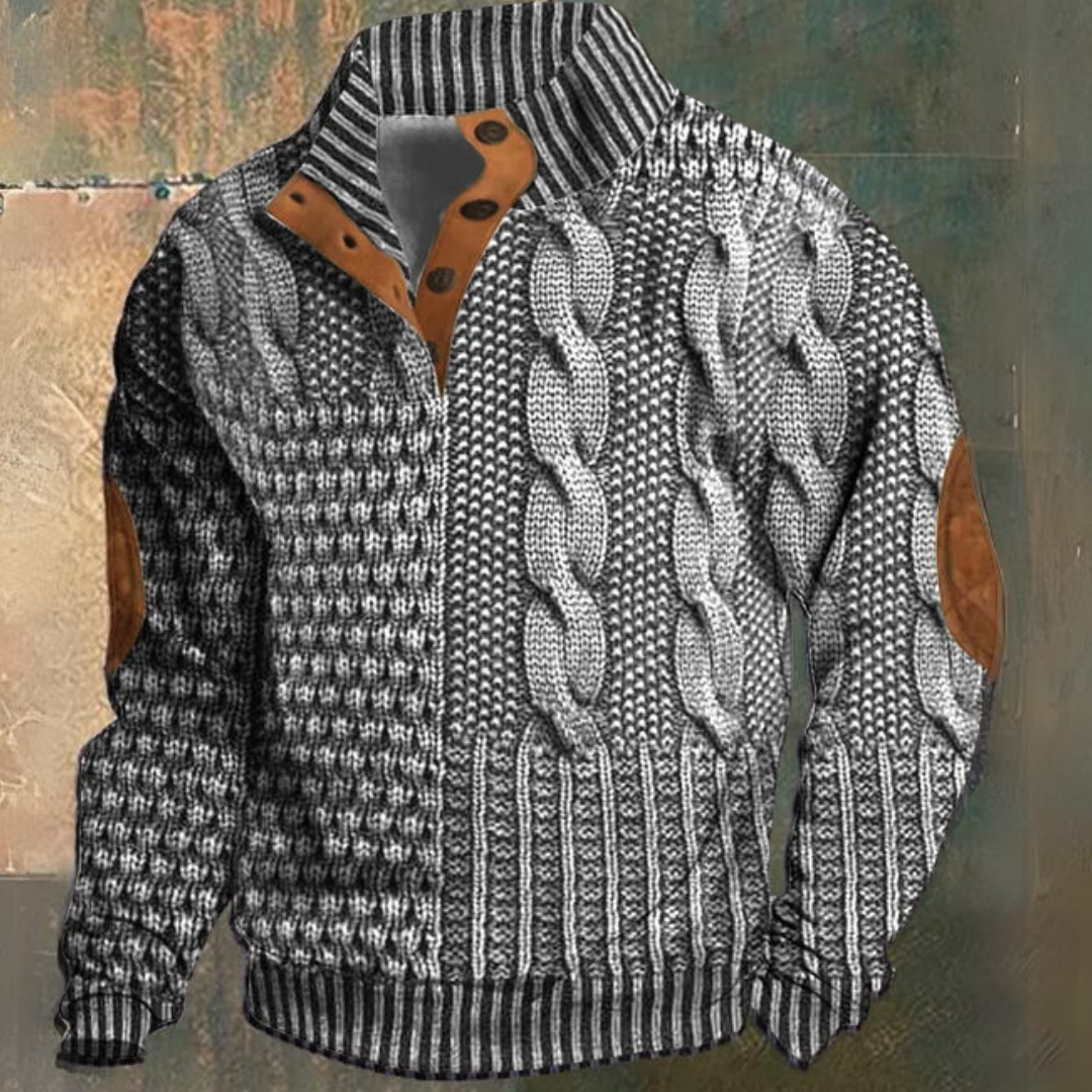 Maglione da uomo a mezza abbottonatura con lavorazione a trecce | Toppe sui gomiti