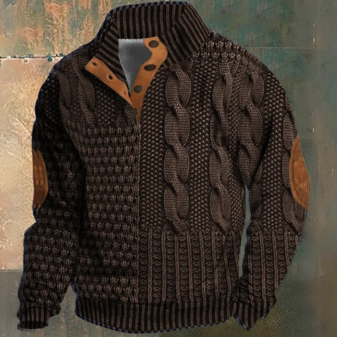 Maglione da uomo a mezza abbottonatura con lavorazione a trecce | Toppe sui gomiti