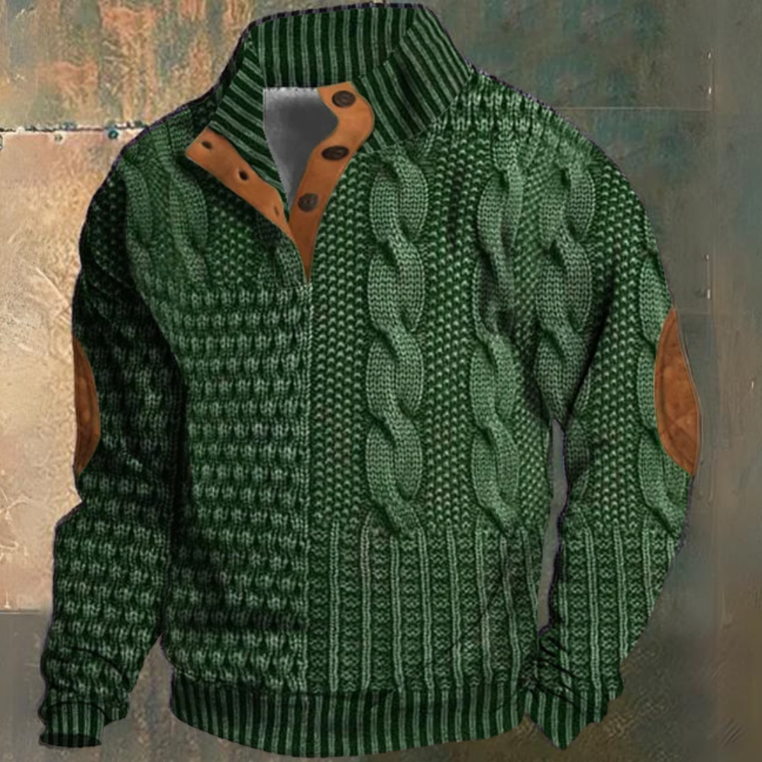 Maglione da uomo a mezza abbottonatura con lavorazione a trecce | Toppe sui gomiti