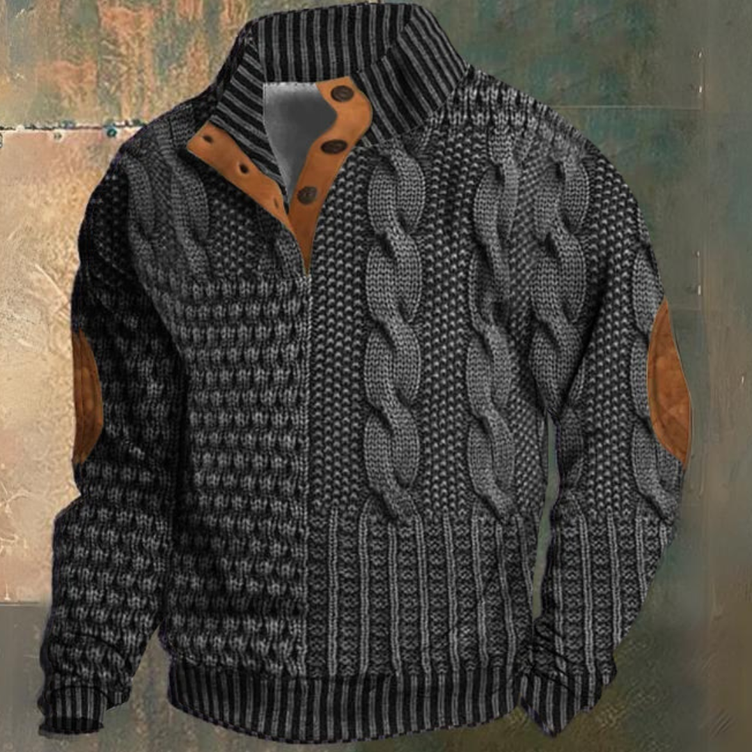 Maglione da uomo a mezza abbottonatura con lavorazione a trecce | Toppe sui gomiti