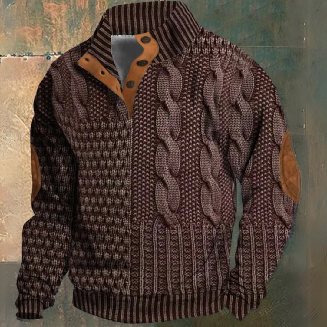 Maglione da uomo a mezza abbottonatura con lavorazione a trecce | Toppe sui gomiti