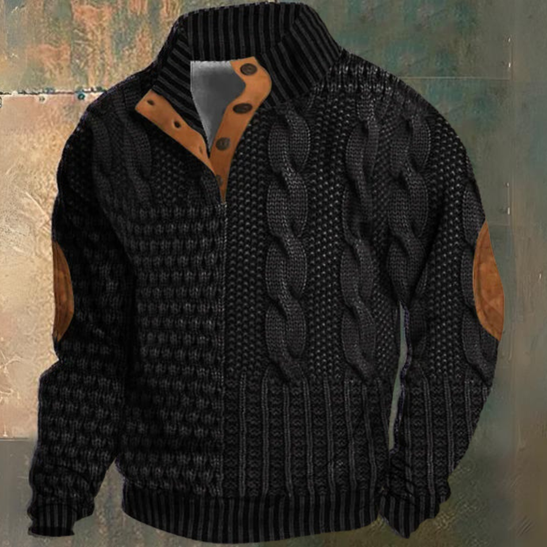 Maglione da uomo a mezza abbottonatura con lavorazione a trecce | Toppe sui gomiti