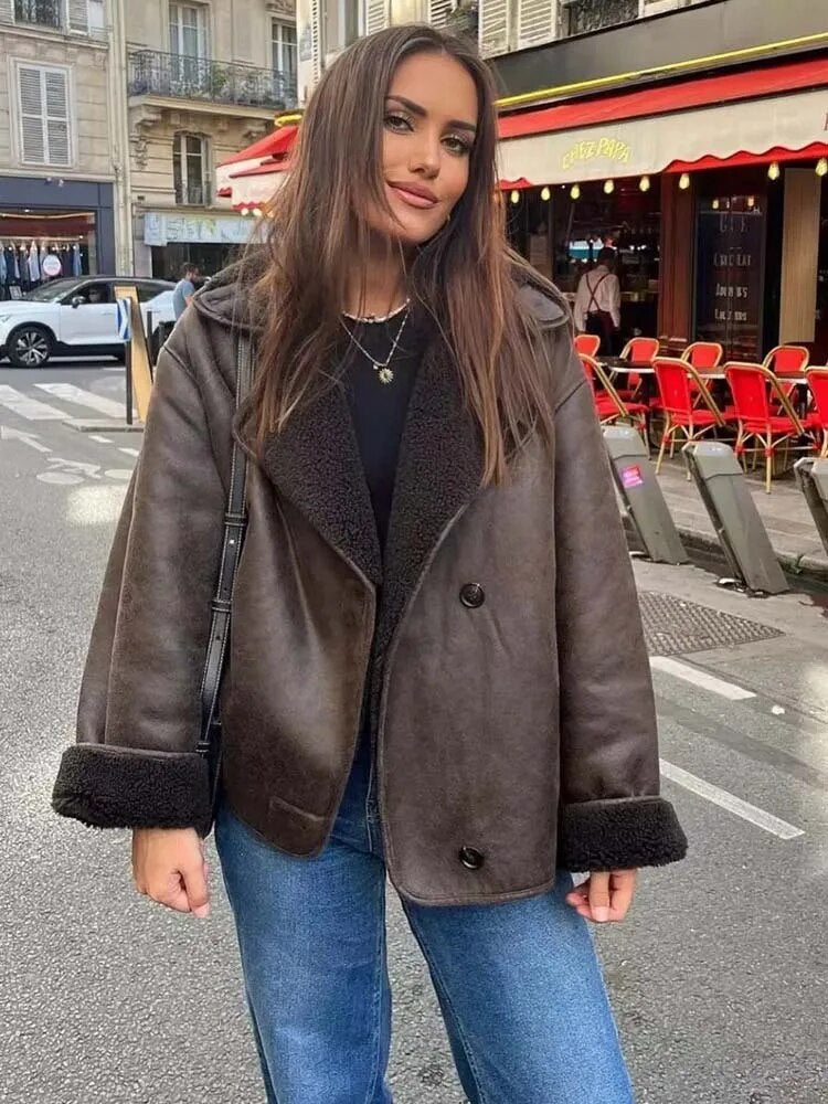 Women's Vegan Leather Jacket | Faux Shearling Lining & Relaxed Fit