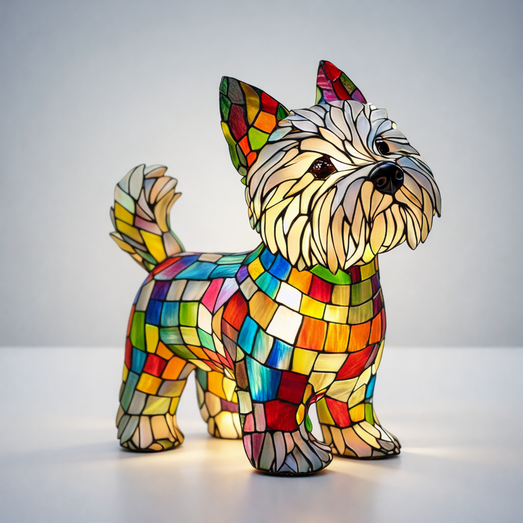 Stained Glass Dog Table Lamp - LED Night Light Resin Decor