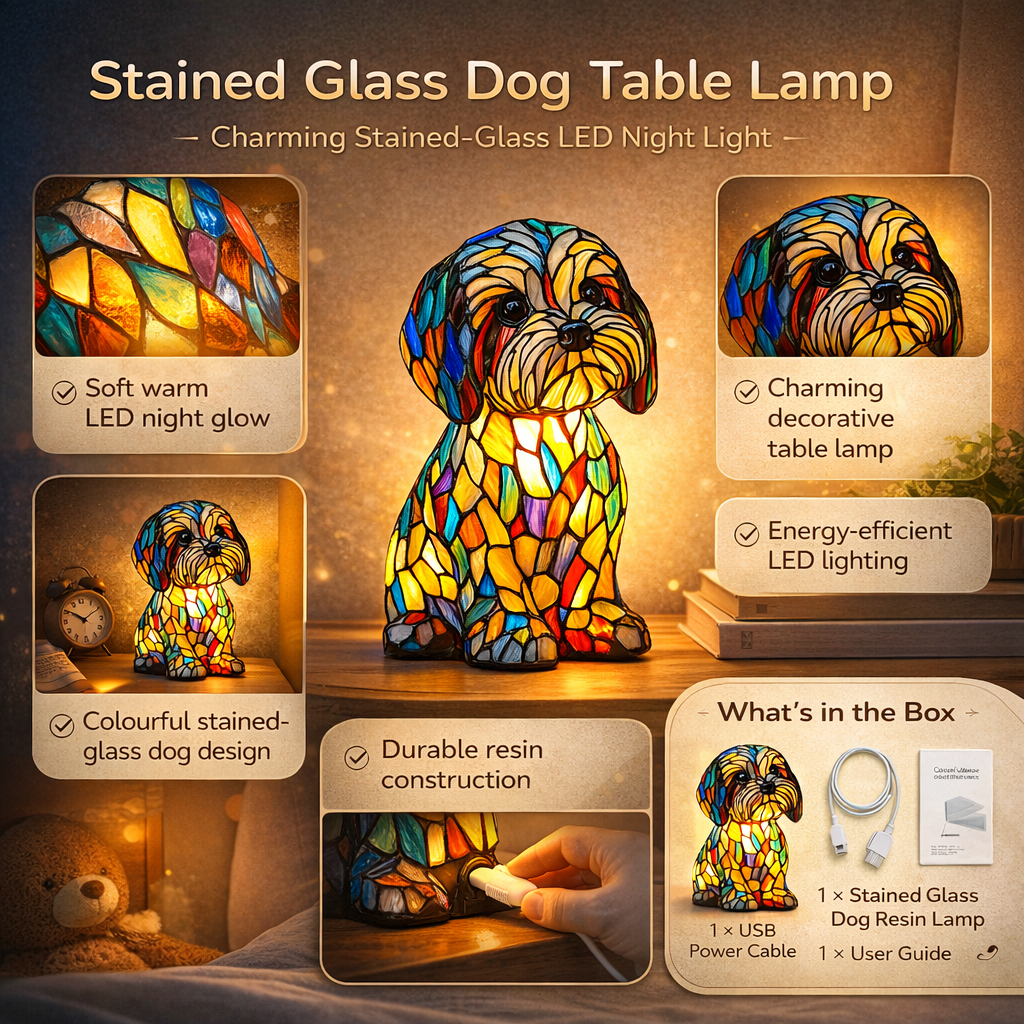 Stained Glass Dog Table Lamp - LED Night Light Resin Decor