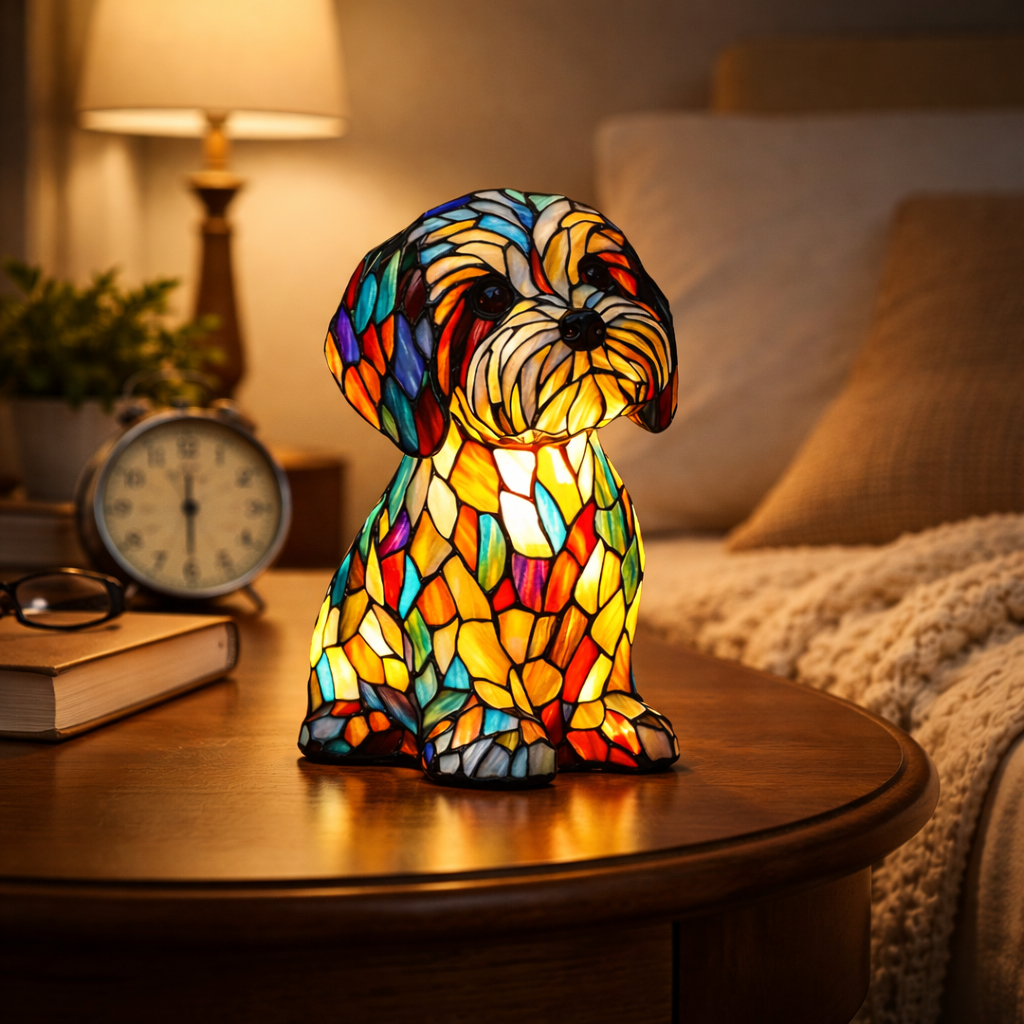 Stained Glass Dog Table Lamp - LED Night Light Resin Decor