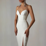 Women's V-Neck Spaghetti Strap Bodycon Dress – Flattering Fit for Weddings & Parties