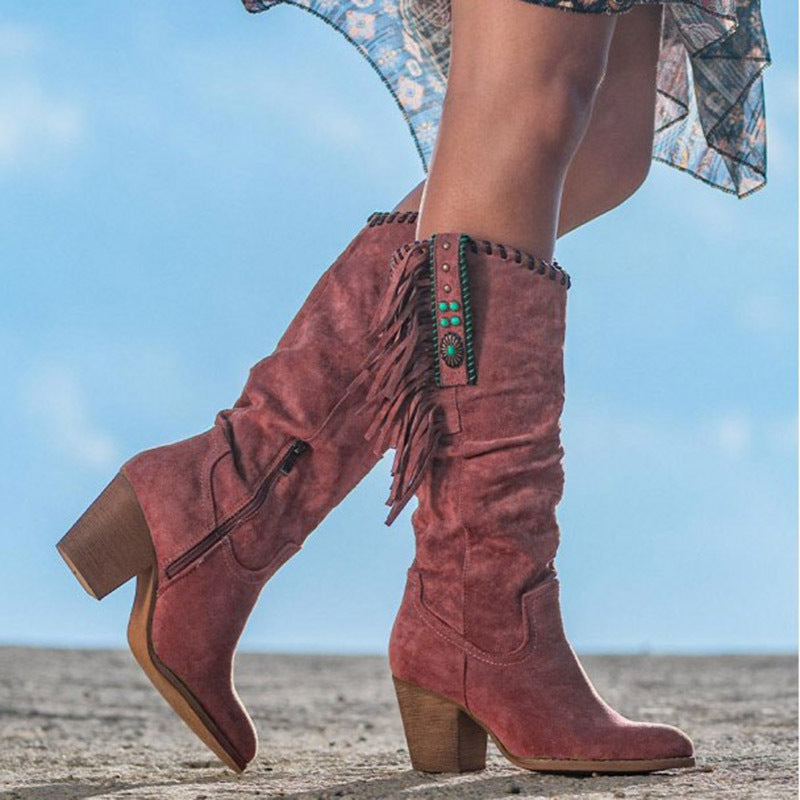 Western Fringe Boots  Suede Knee High Block Heel - Product showcase