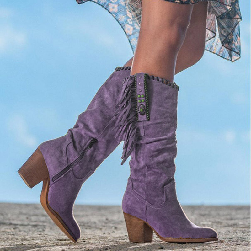 Western Fringe Boots  Suede Knee High Block Heel - Product example